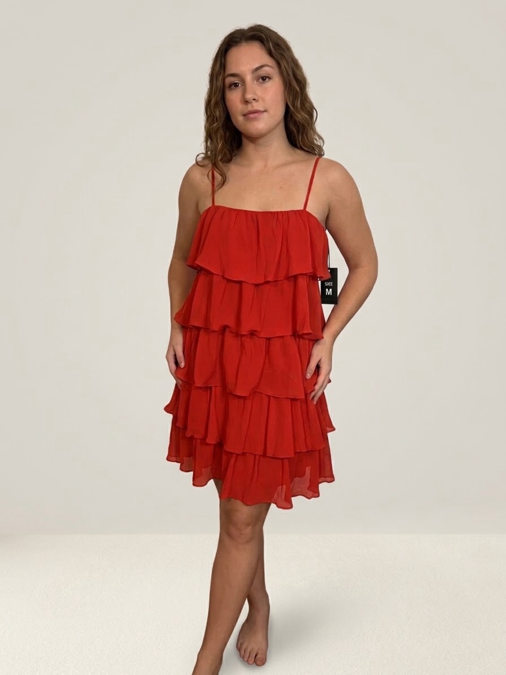 Sincerely Jules Red Tiered Ruffle Chiffon Mini Dress Size M Boho Chic Lined
